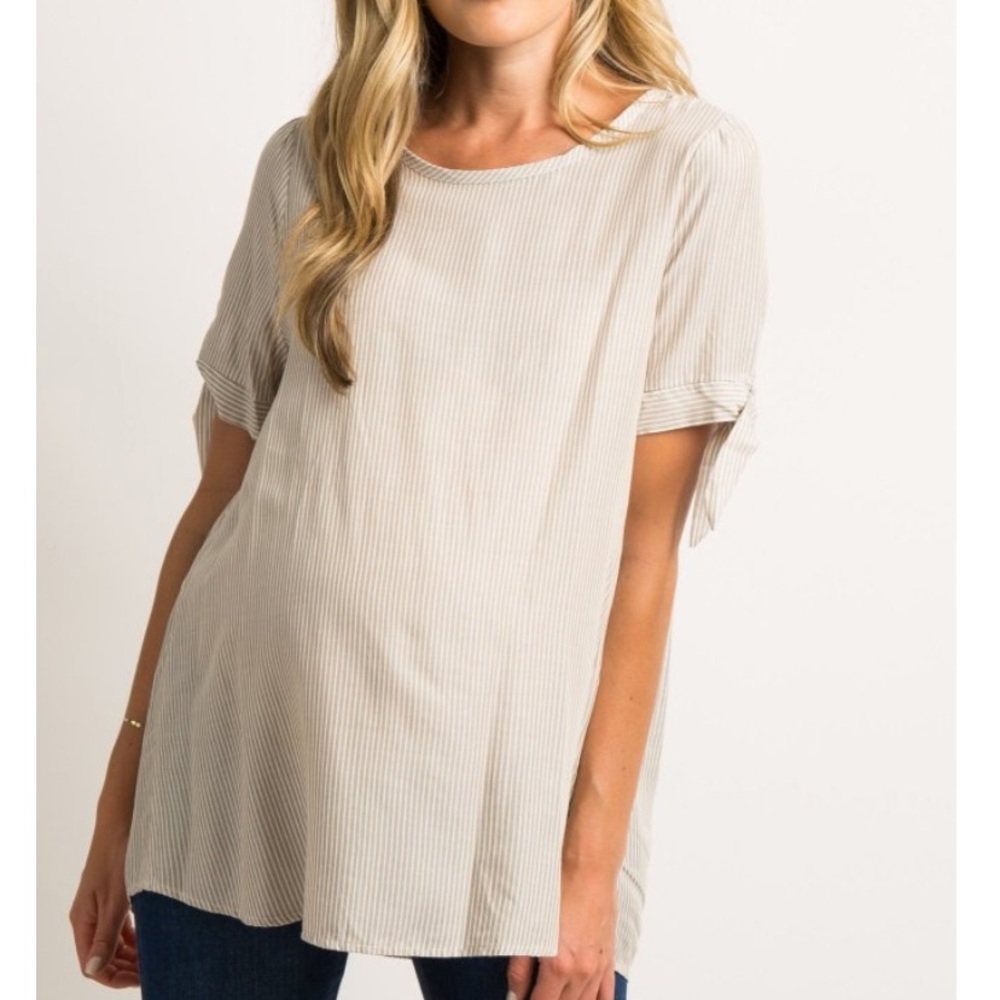 Pinkblush maternity taupe pinstripe tie accent top